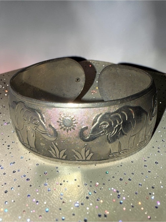 Jewelry - Vintage Style Silver Tone Engraved Elephant Wide Cuff Bracelet Boho Safari